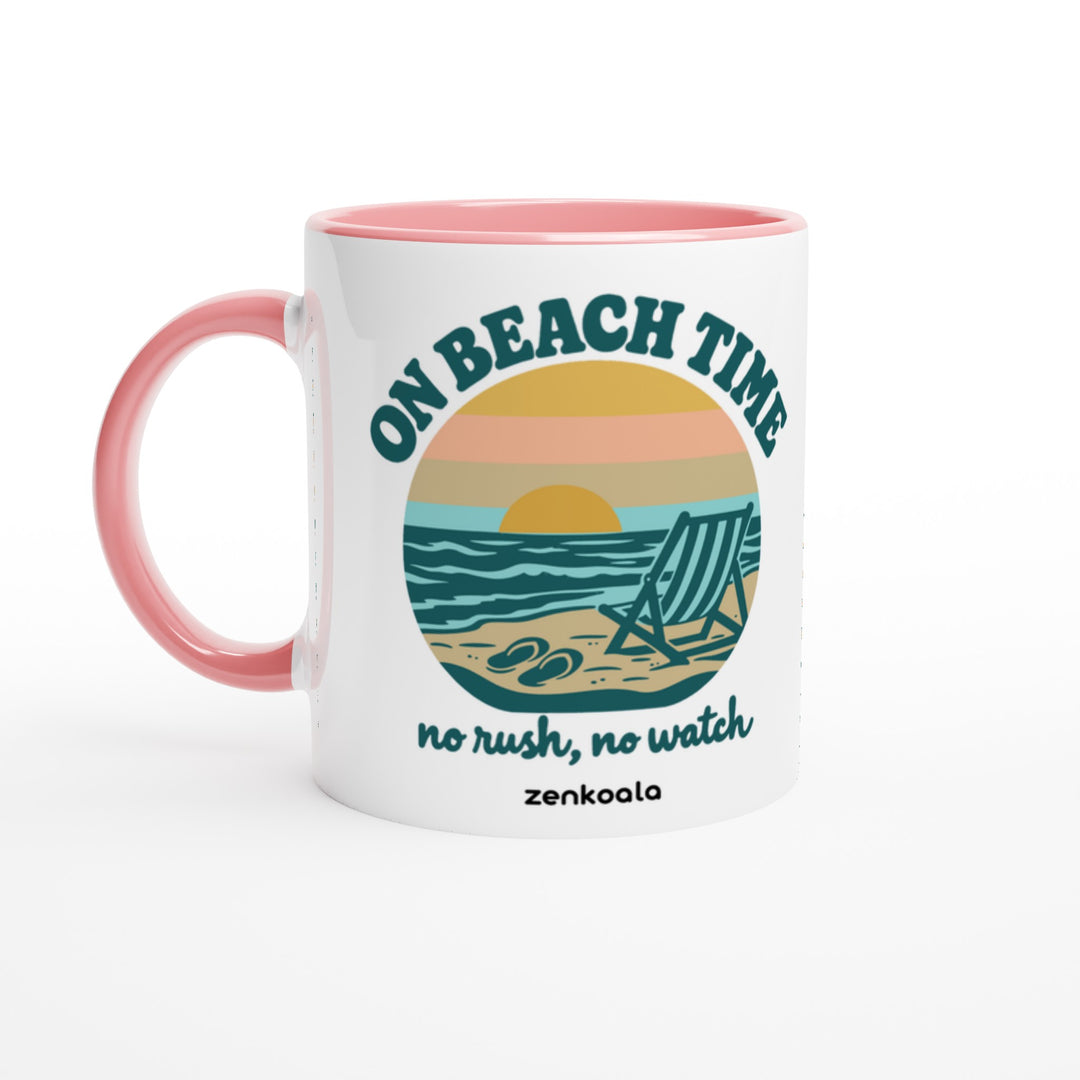 On Beach Time mug in pink: white with a pink rim, inside and handle, Zen Koala Australia