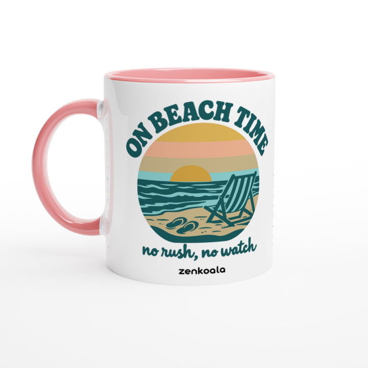 On Beach Time mug in pink: white with a pink rim, inside and handle, Zen Koala Australia