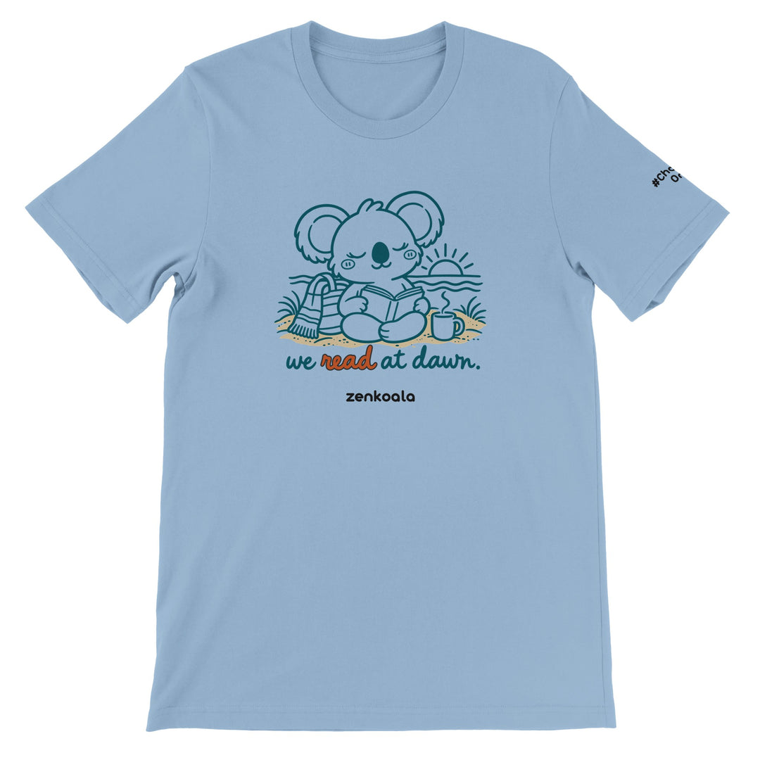 We Read at Dawn feel-good tee in light blue, Zen Koala Australia