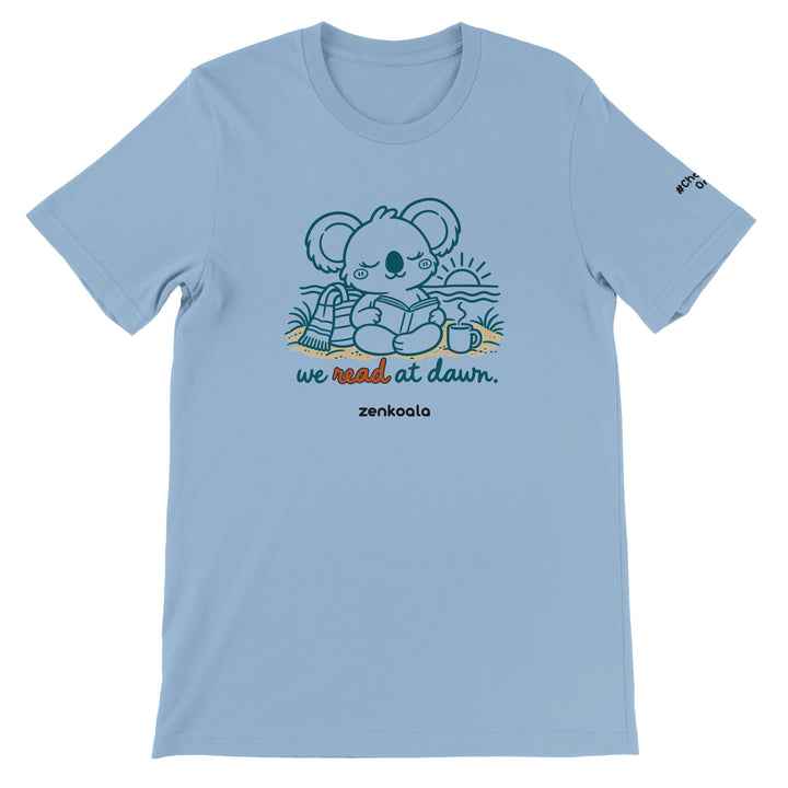 We Read at Dawn feel-good tee in light blue, Zen Koala Australia