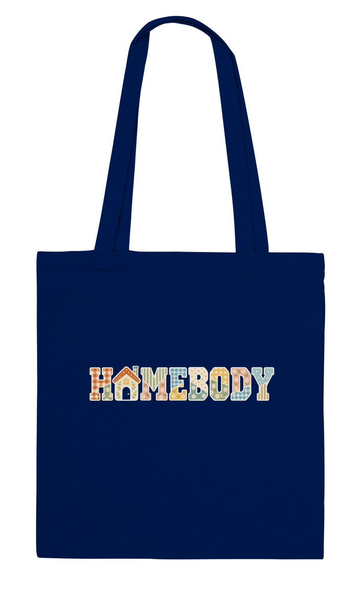 Homebody Faux Patchwork feel-good tote bag in navy: cosy faux patchwork letters with a little house, Zen Koala Australia