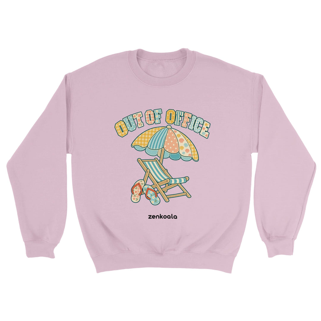 Out of Office Beach feel-good sweatshirt in light pink: a faux patchwork beach chair and umbrella, Zen Koala Australia