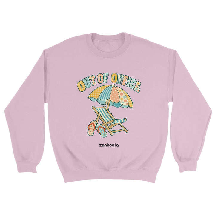 Out of Office Beach feel-good sweatshirt in light pink: a faux patchwork beach chair and umbrella, Zen Koala Australia