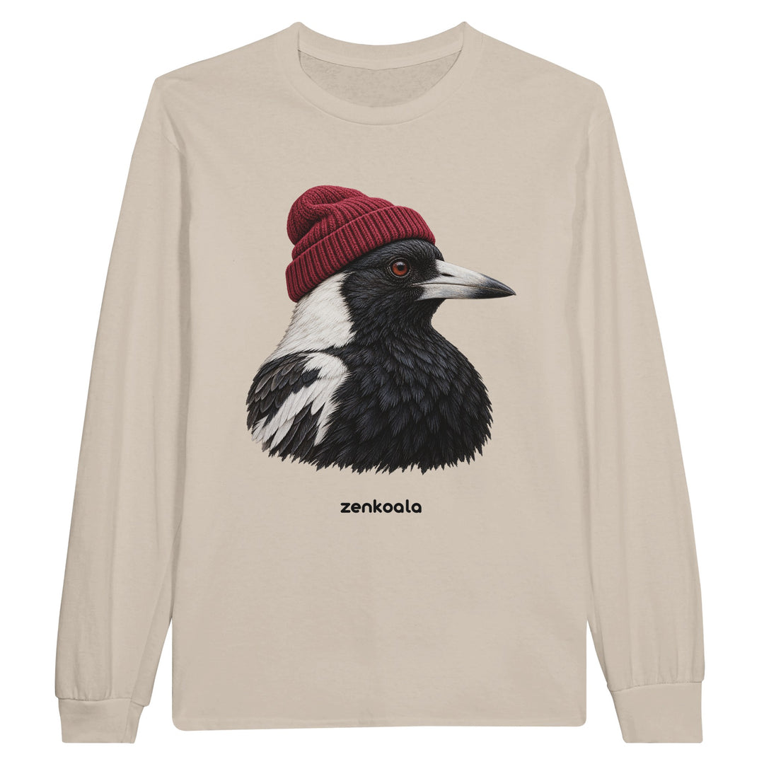 Magpie Beanie feel-good long sleeve tee in sand, Zen Koala Australia