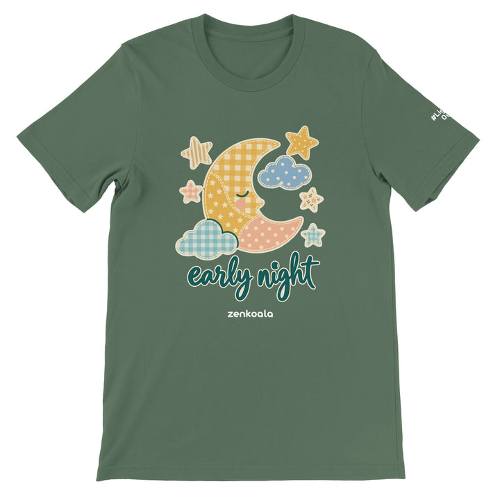 Early Night Moon feel-good tee in military green, Zen Koala Australia