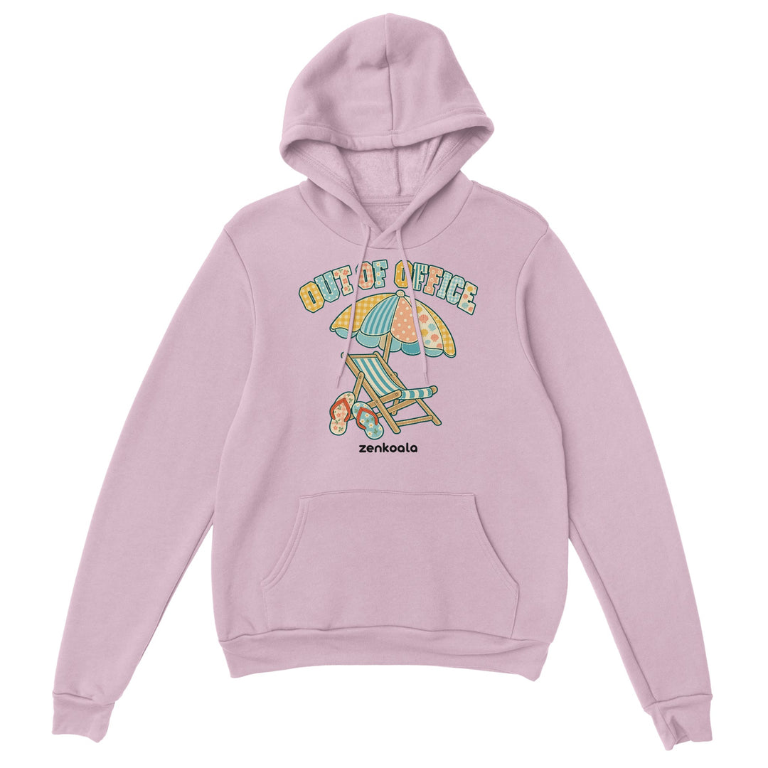 Out of Office Beach feel-good hoodie in light pink: a faux patchwork beach chair and umbrella, Zen Koala Australia