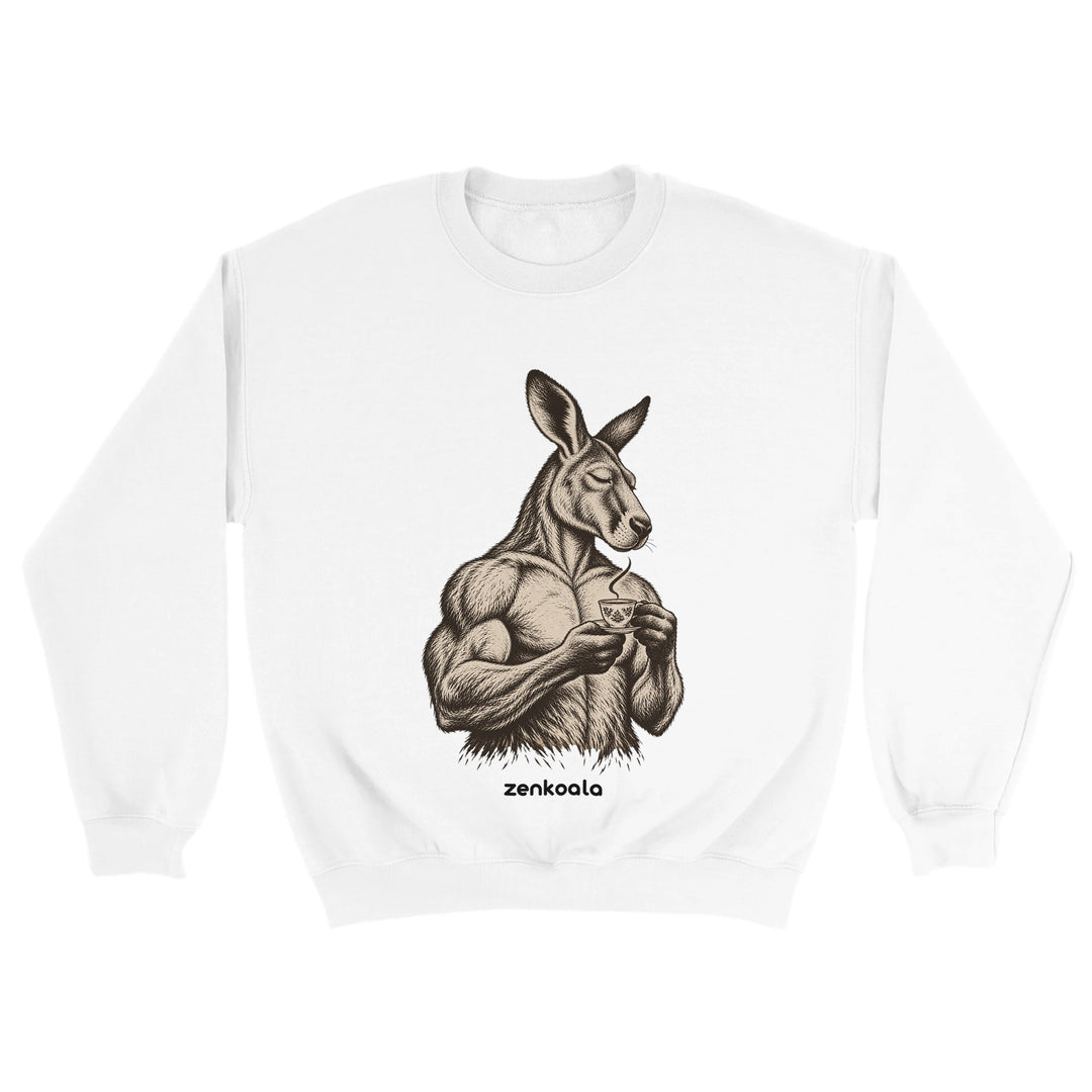 Buff Roo Teacup feel-good sweatshirt in white: a muscly kangaroo sipping tea, Zen Koala Australia