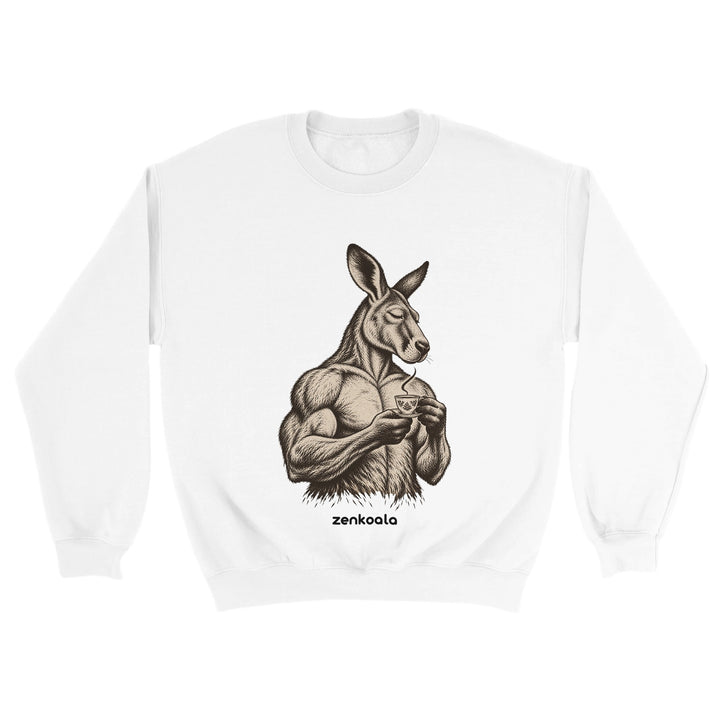 Buff Roo Teacup feel-good sweatshirt in white: a muscly kangaroo sipping tea, Zen Koala Australia