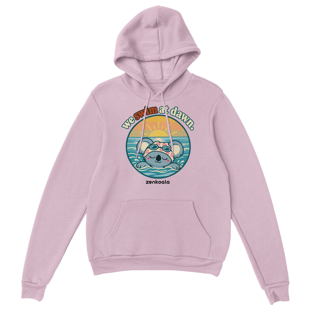 We Swim at Dawn feel-good hoodie in light pink, Zen Koala Australia