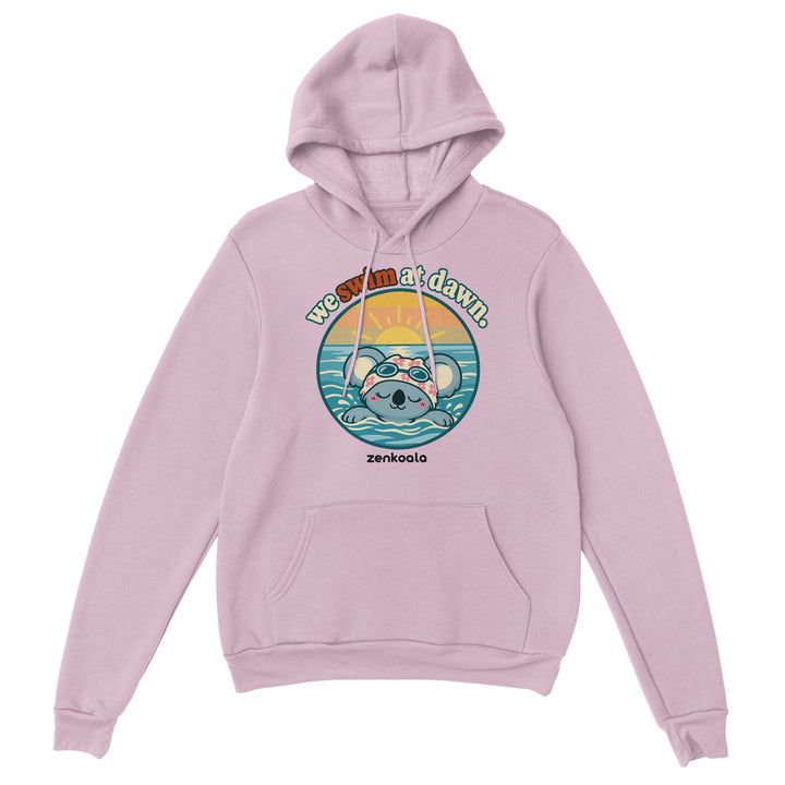 We Swim at Dawn feel-good hoodie in light pink, Zen Koala Australia