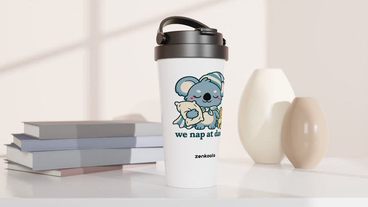 We Nap at Dawn travel mug beside books and vases, Zen Koala Australia