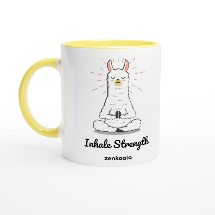 Breathe mug in yellow: white with a yellow rim, inside and handle, Zen Koala Australia