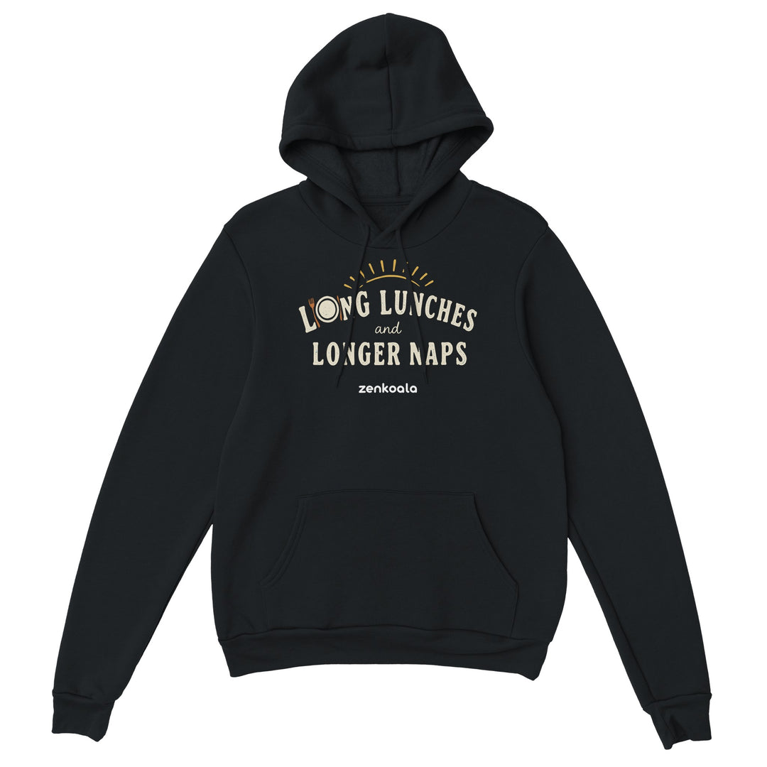 Long Lunches and Longer Naps feel-good hoodie in black, Zen Koala Australia