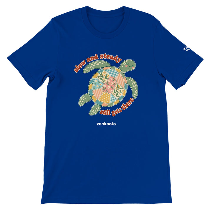 Slow and Steady Turtle feel-good tee in true royal, Zen Koala Australia