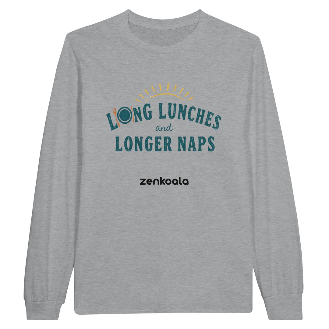 Long Lunches and Longer Naps long sleeve tee in sports grey — Zen Koala Australia