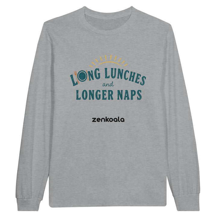 Long Lunches and Longer Naps long sleeve tee in sports grey — Zen Koala Australia