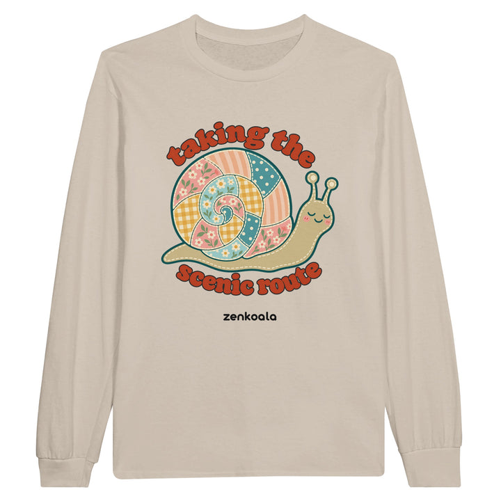 Taking the Scenic Route Snail feel-good long sleeve tee in sand, Zen Koala Australia