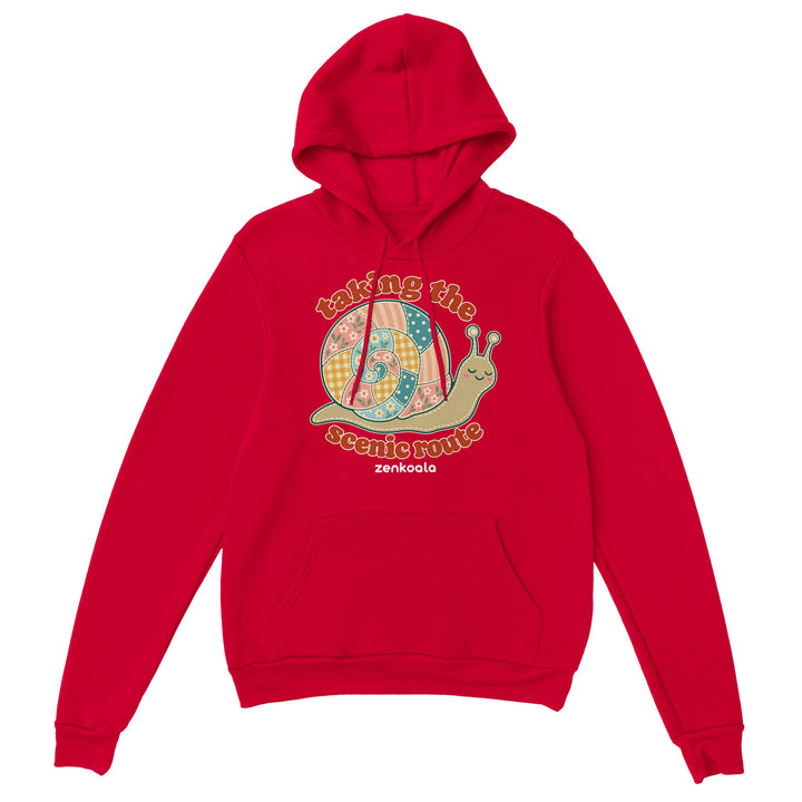 Taking the Scenic Route Snail feel-good hoodie in red, Zen Koala Australia