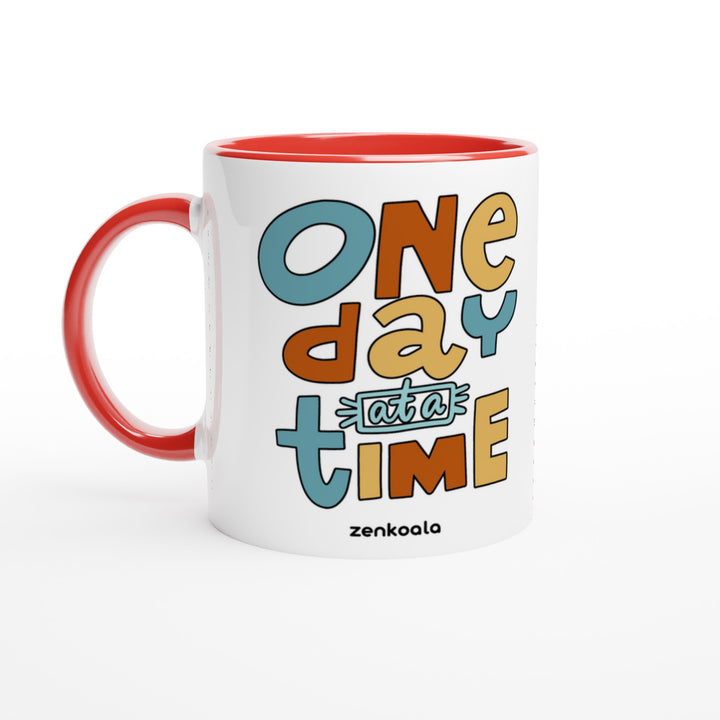One Day at a Time mug in red: white with a red rim, inside and handle, Zen Koala Australia