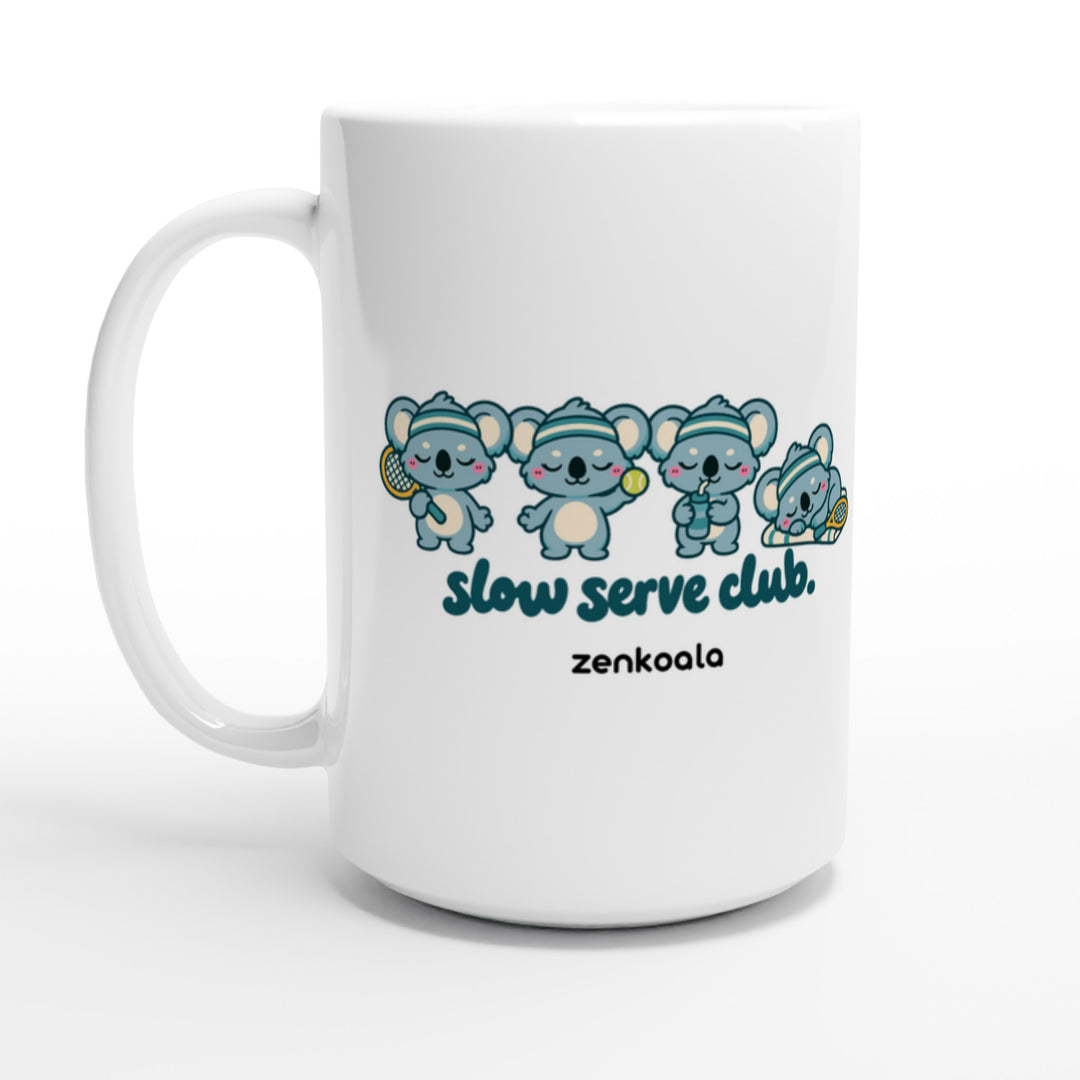 Slow Serve Club feel-good 15oz mug: four koalas playing tennis slowly, Zen Koala Australia