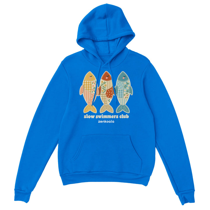Slow Swimmers Club feel-good hoodie in royal: three sleepy faux patchwork fish, Zen Koala Australia