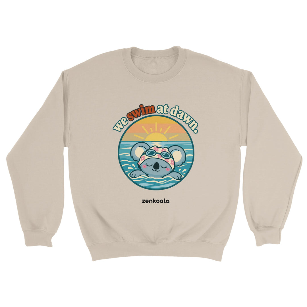We Swim at Dawn feel-good sweatshirt in sand, Zen Koala Australia