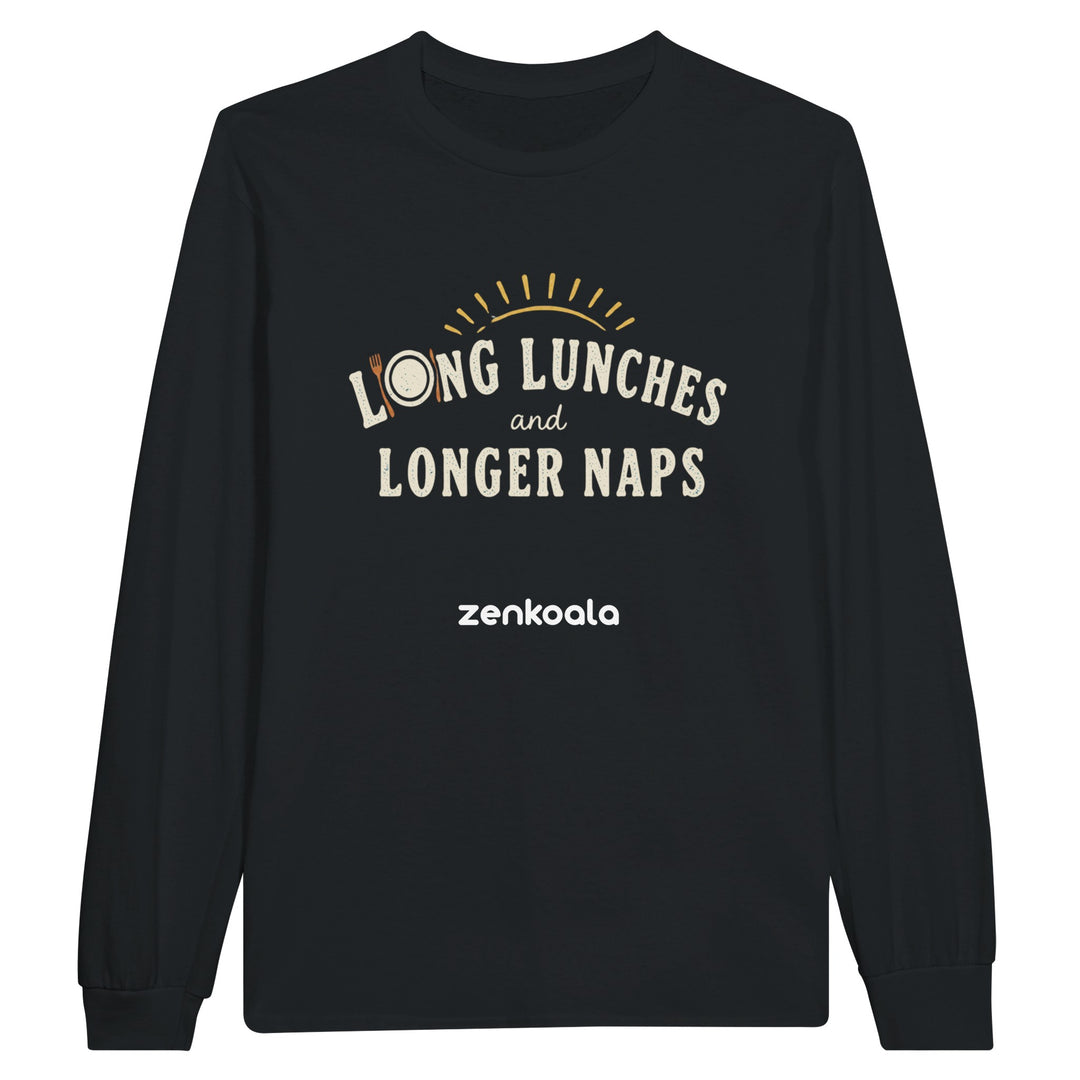 Long Lunches and Longer Naps long sleeve tee in black — sunny retro type with a knife-and-fork O, Zen Koala Australia
