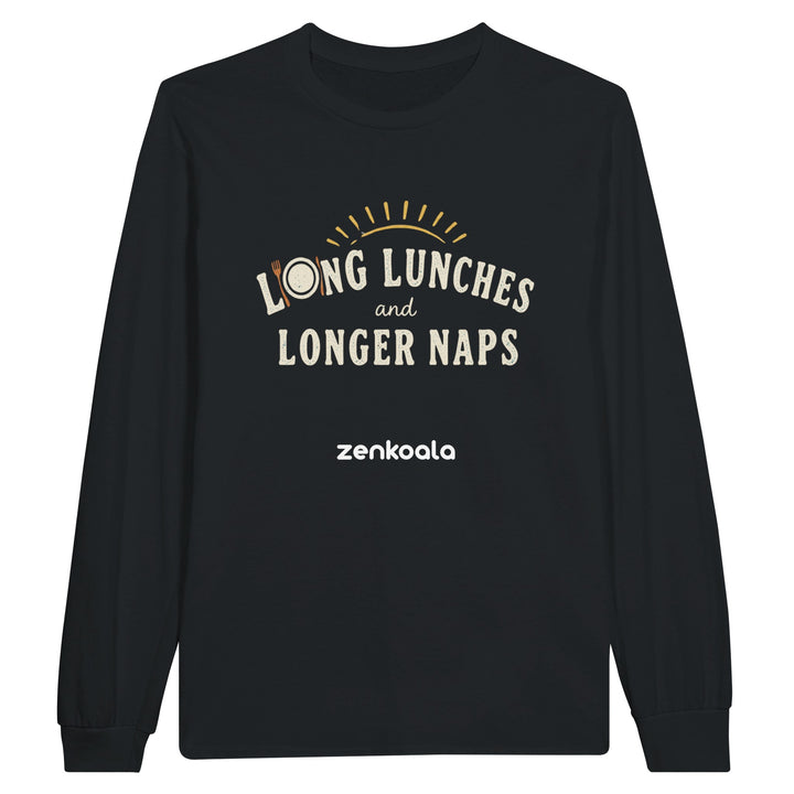 Long Lunches and Longer Naps long sleeve tee in black — sunny retro type with a knife-and-fork O, Zen Koala Australia