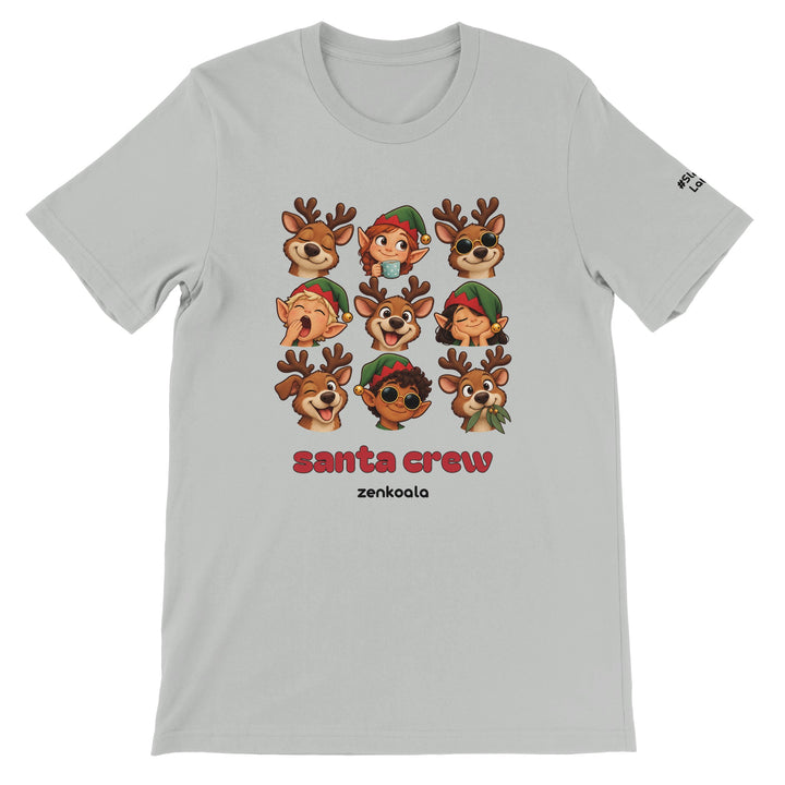 Santa Crew feel-good tee in silver: a crew of reindeer and elves, Zen Koala Australia