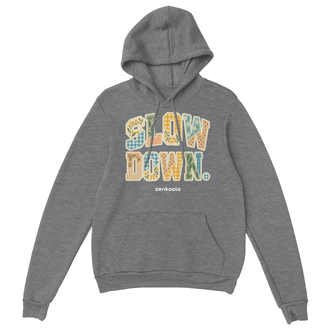Slow Down Faux Patchwork feel-good hoodie in sport grey, Zen Koala Australia