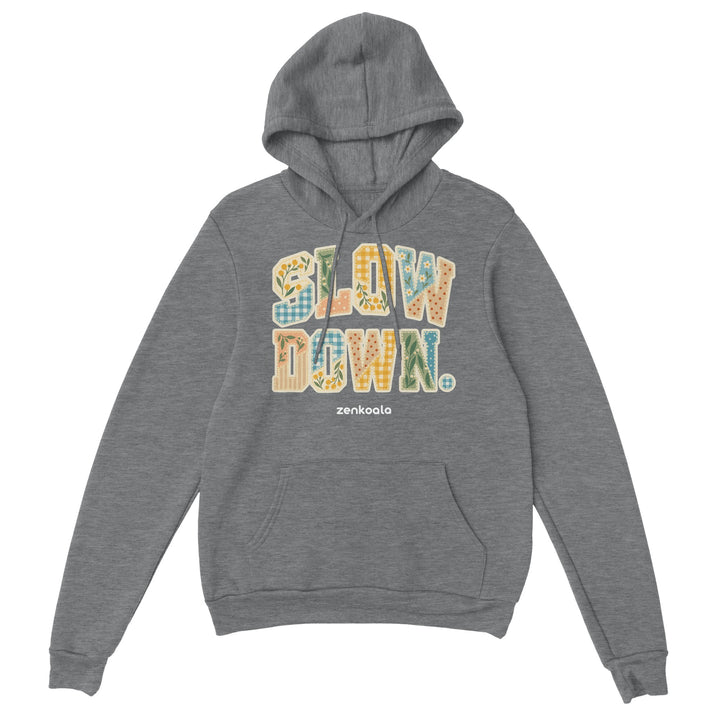 Slow Down Faux Patchwork feel-good hoodie in sport grey, Zen Koala Australia