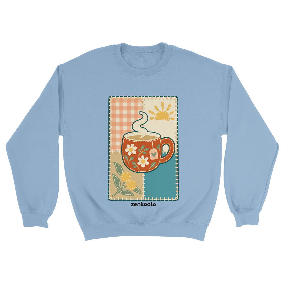 Cuppa Quilt feel-good sweatshirt in light blue, Zen Koala Australia