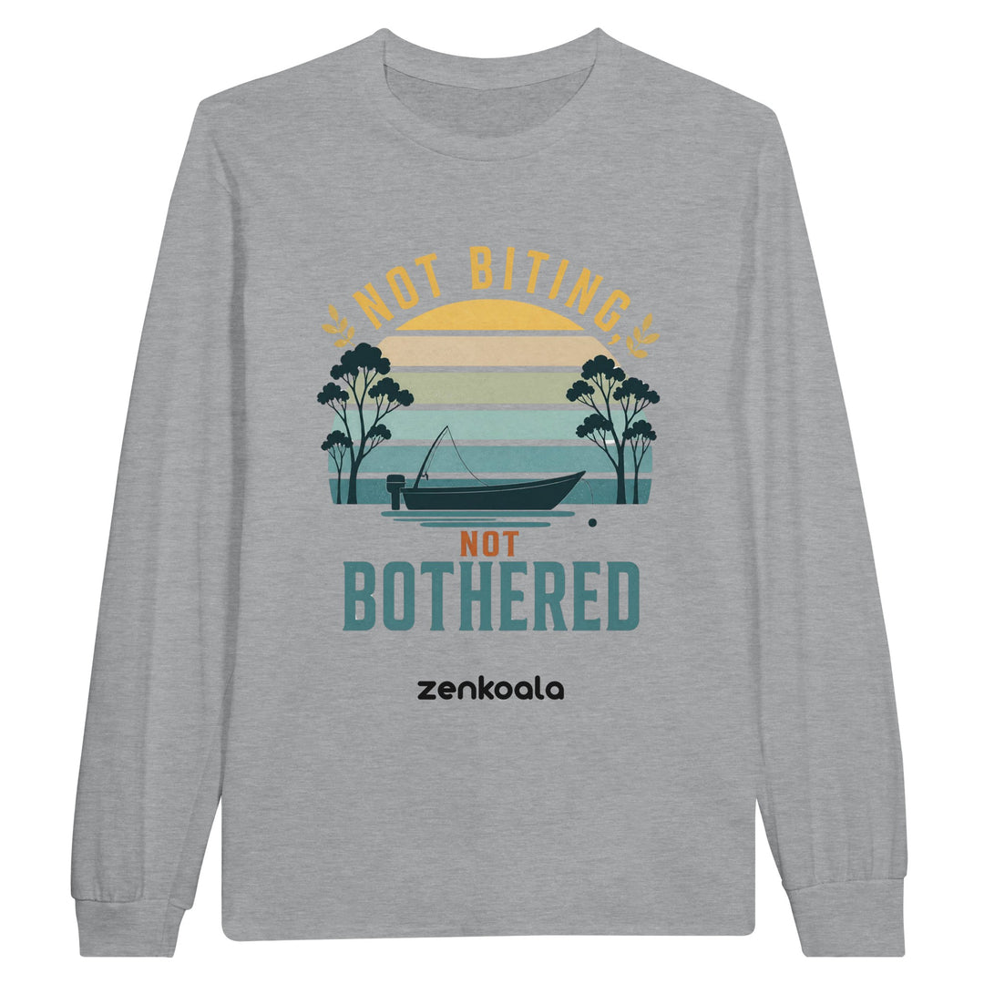 Not Biting Not Bothered long sleeve tee in sports grey — a retro Aussie sunset with a tinnie and gum trees, Zen Koala Australia