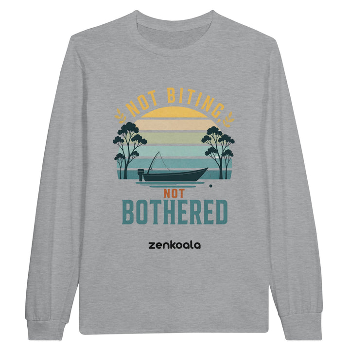 Not Biting Not Bothered long sleeve tee in sports grey — a retro Aussie sunset with a tinnie and gum trees, Zen Koala Australia