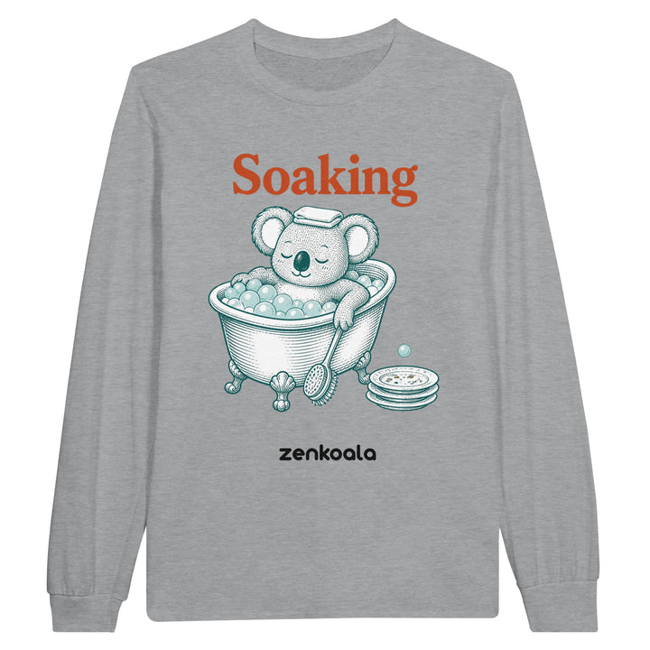 Soaking long sleeve tee in sports grey — a vintage engraved koala relaxing in a bubble bath, Zen Koala Australia