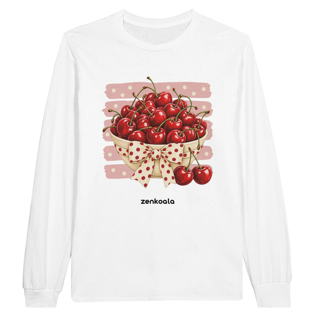 Cherries feel-good long sleeve tee in white, Zen Koala Australia