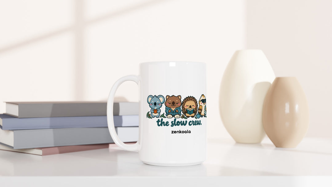 The Slow Crew 15oz mug beside books and vases, Zen Koala Australia