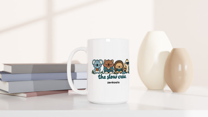 The Slow Crew 15oz mug beside books and vases, Zen Koala Australia