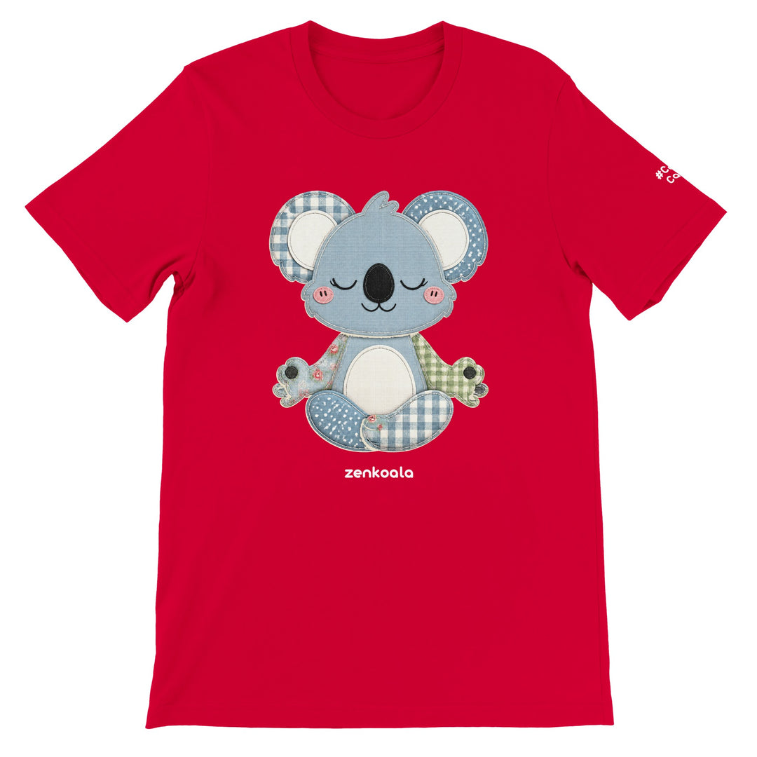 Faux Patchwork Meditating Koala feel-good tee in red, Zen Koala Australia