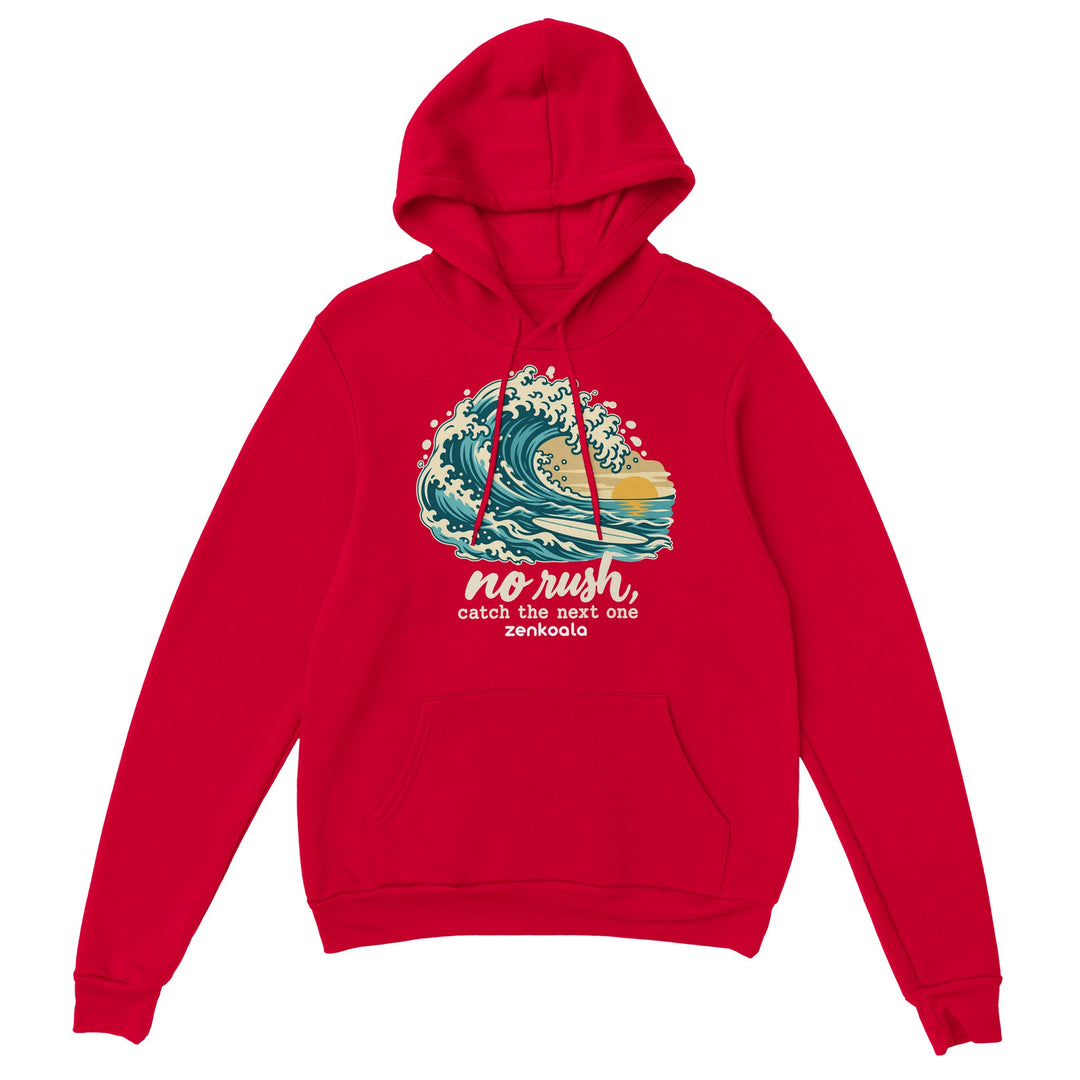No Rush Catch the Next One feel-good hoodie in red, Zen Koala Australia