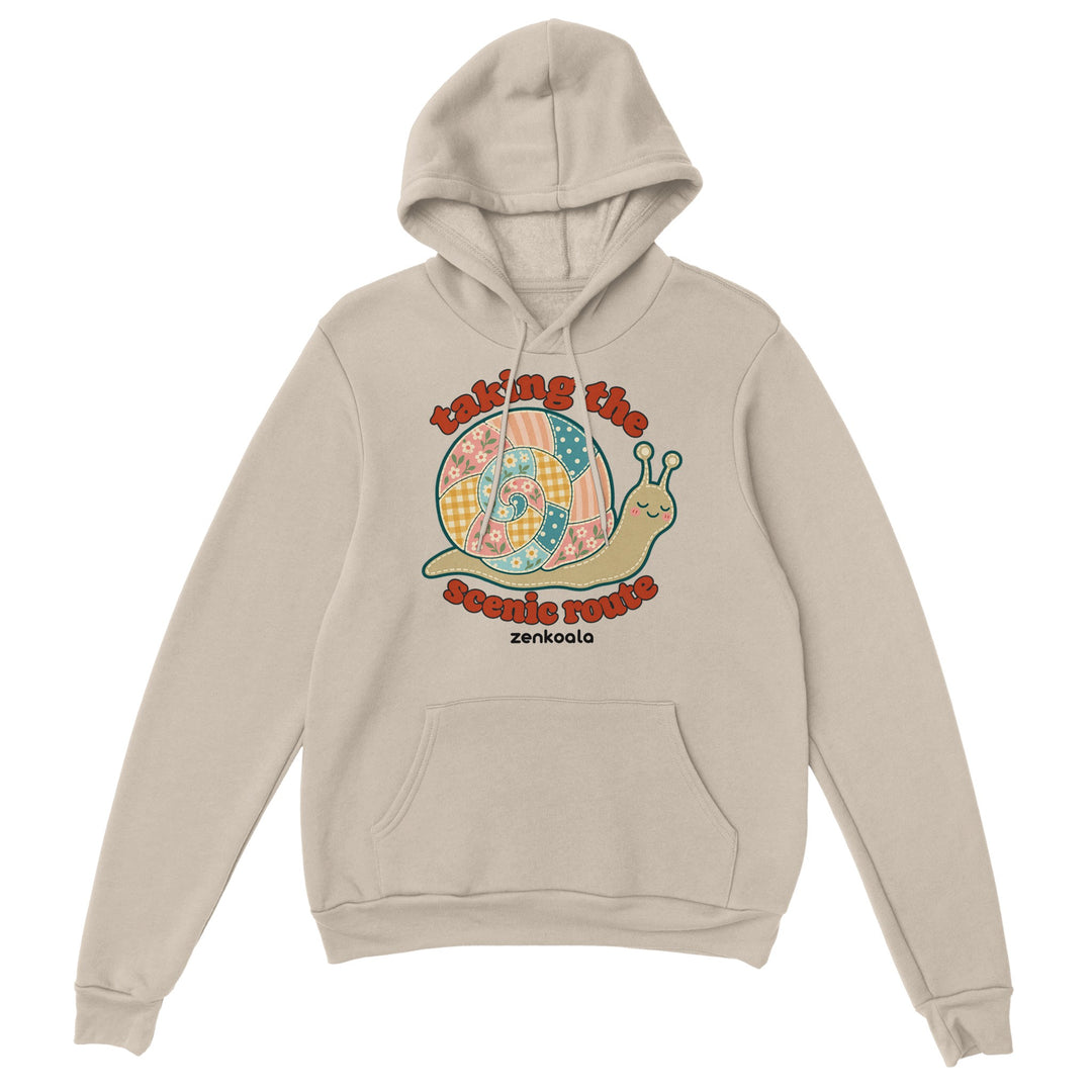 Taking the Scenic Route Snail feel-good hoodie in sand, Zen Koala Australia