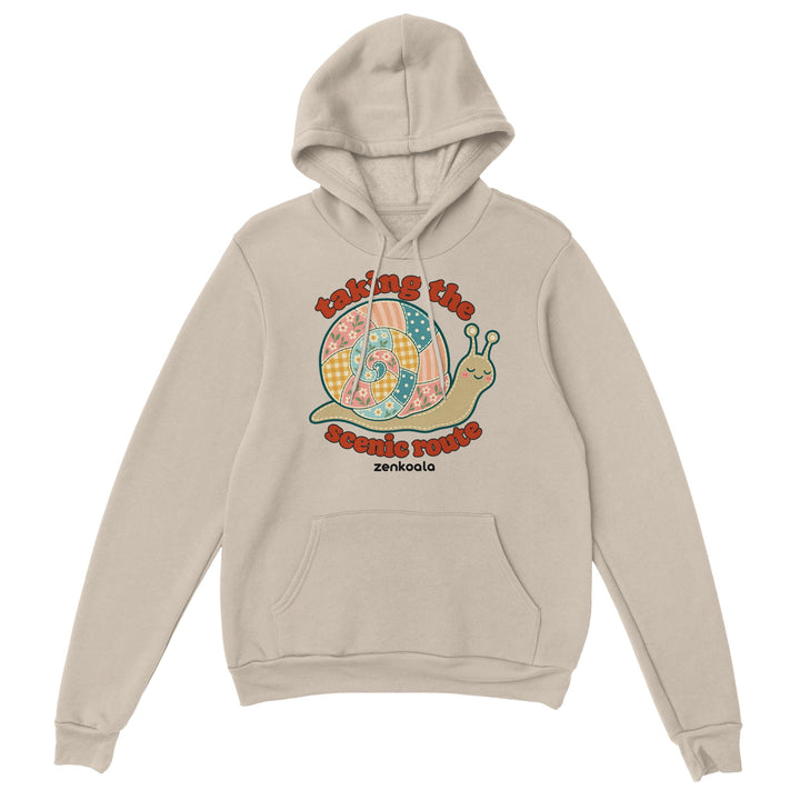Taking the Scenic Route Snail feel-good hoodie in sand, Zen Koala Australia