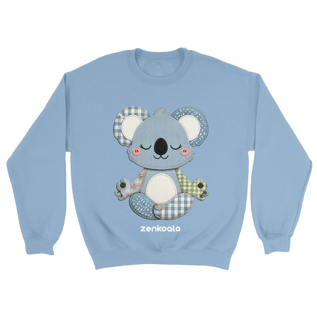 Faux Patchwork Meditating Koala feel-good sweatshirt in Light Blue — Zen Koala Australia