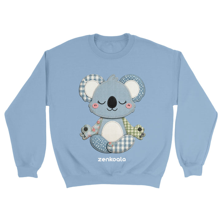 Faux Patchwork Meditating Koala feel-good sweatshirt in Light Blue — Zen Koala Australia