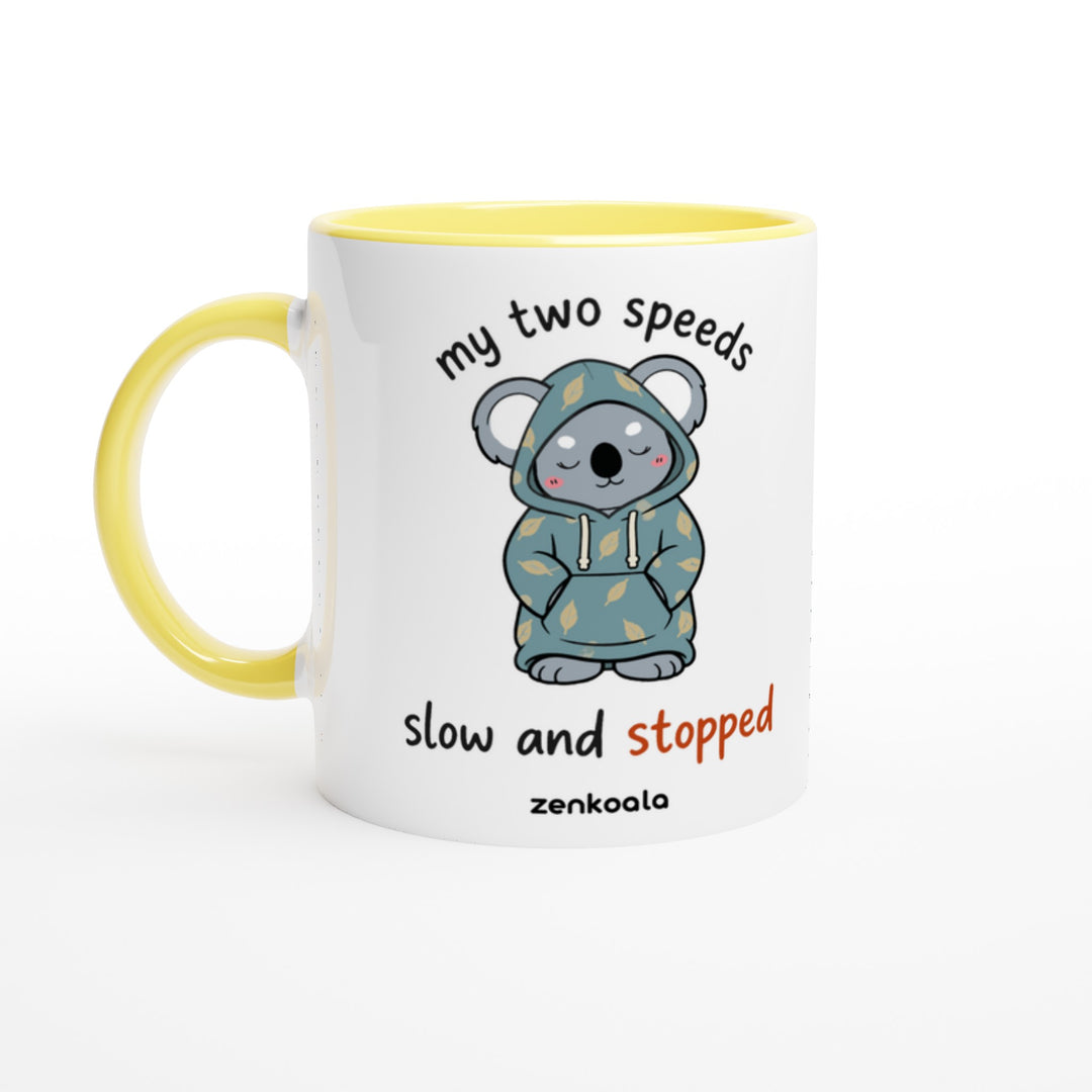 My Two Speeds Slow and Stopped mug in yellow: white with a yellow rim, inside and handle, Zen Koala Australia
