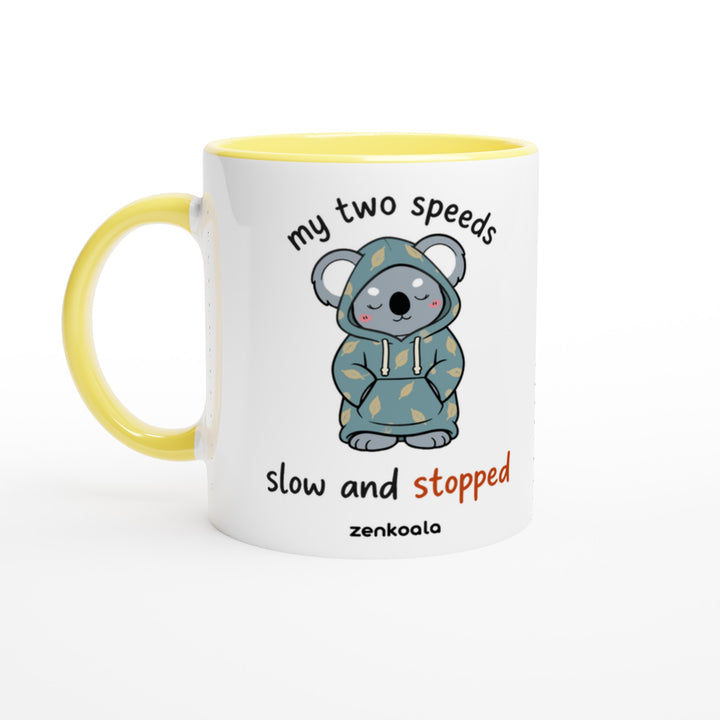 My Two Speeds Slow and Stopped mug in yellow: white with a yellow rim, inside and handle, Zen Koala Australia
