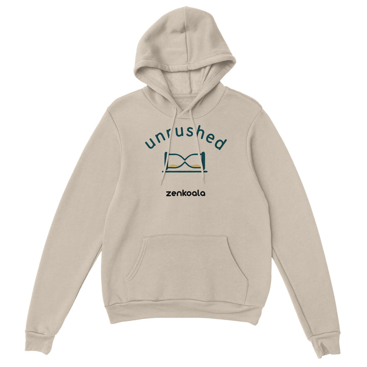 Unrushed feel-good hoodie in Sand — a minimalist hourglass tipped on its side, Zen Koala Australia