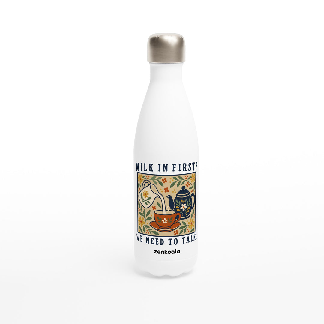 Milk in First feel-good water bottle: a folk-art milk jug, teapot and teacup, Zen Koala Australia