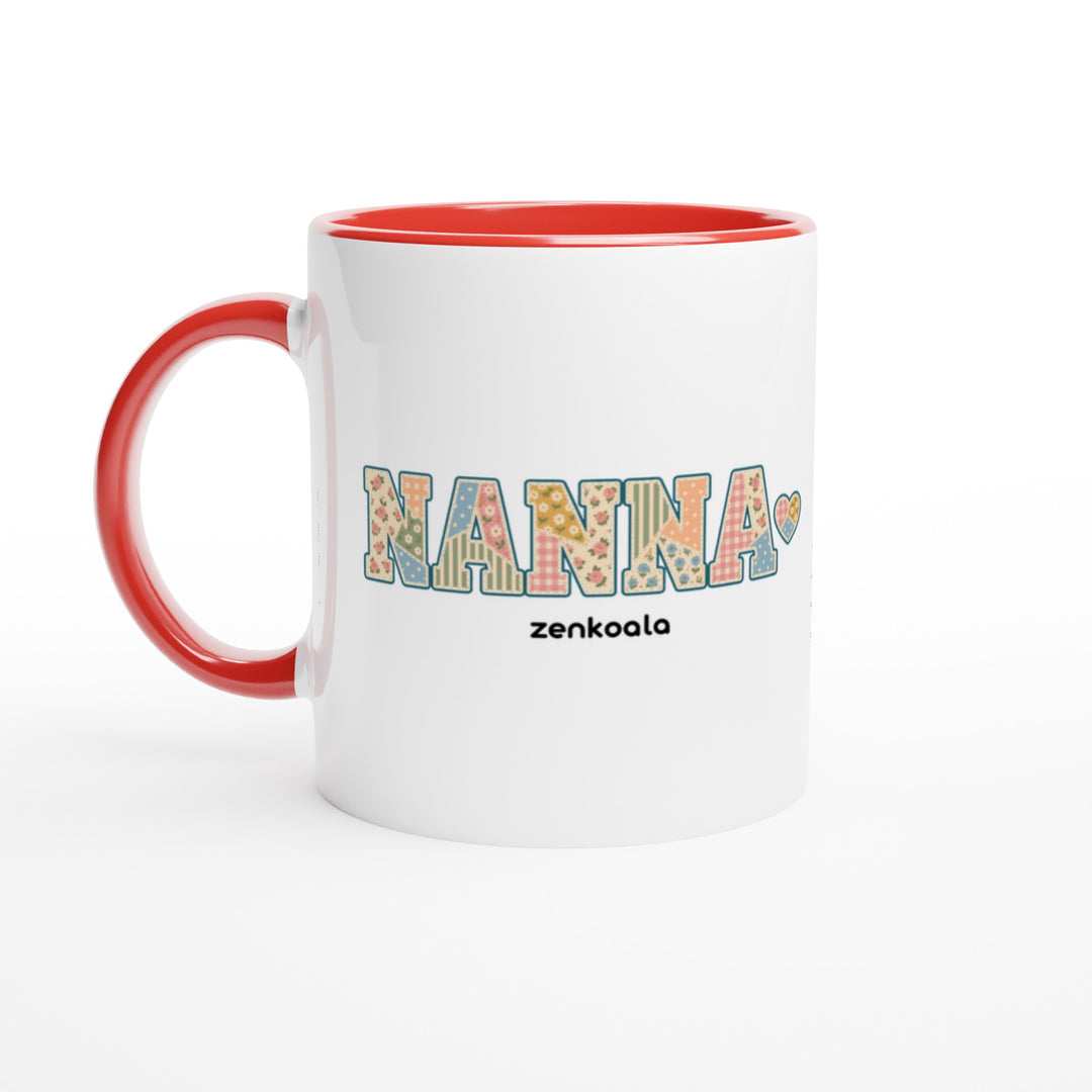Nanna Faux Patchwork mug in red: white with a red rim, inside and handle, Zen Koala Australia