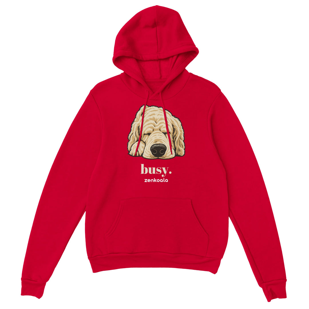 Busy feel-good hoodie in red: a dog fast asleep, Zen Koala Australia